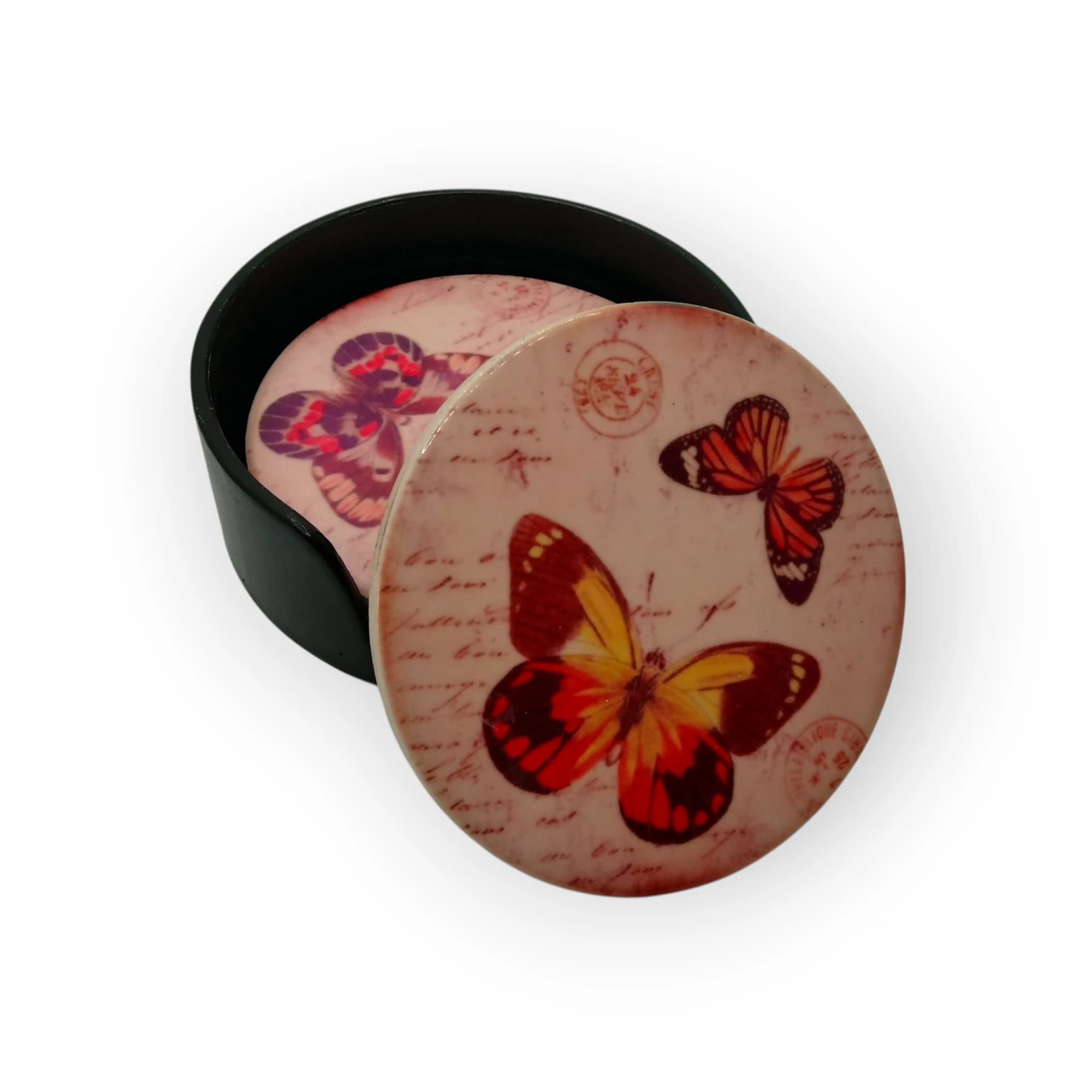 Ceramic Coasters With Butterflies In Holder